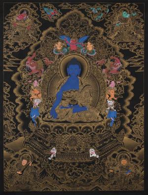 Black and Gold Style Medicine Buddha Thangka | Tibetan Thanka Bhaisajyaguru